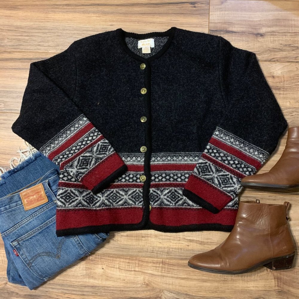 100% Wool Grey + Red Fair Isle Sweater Medium